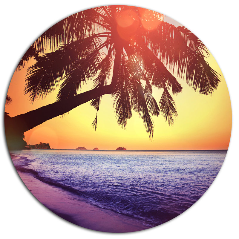 Bord de mer «Beach with Silhouettes of Palms» - reproduction de photo, H 28 po x l 12 po x p 1 po, Métal