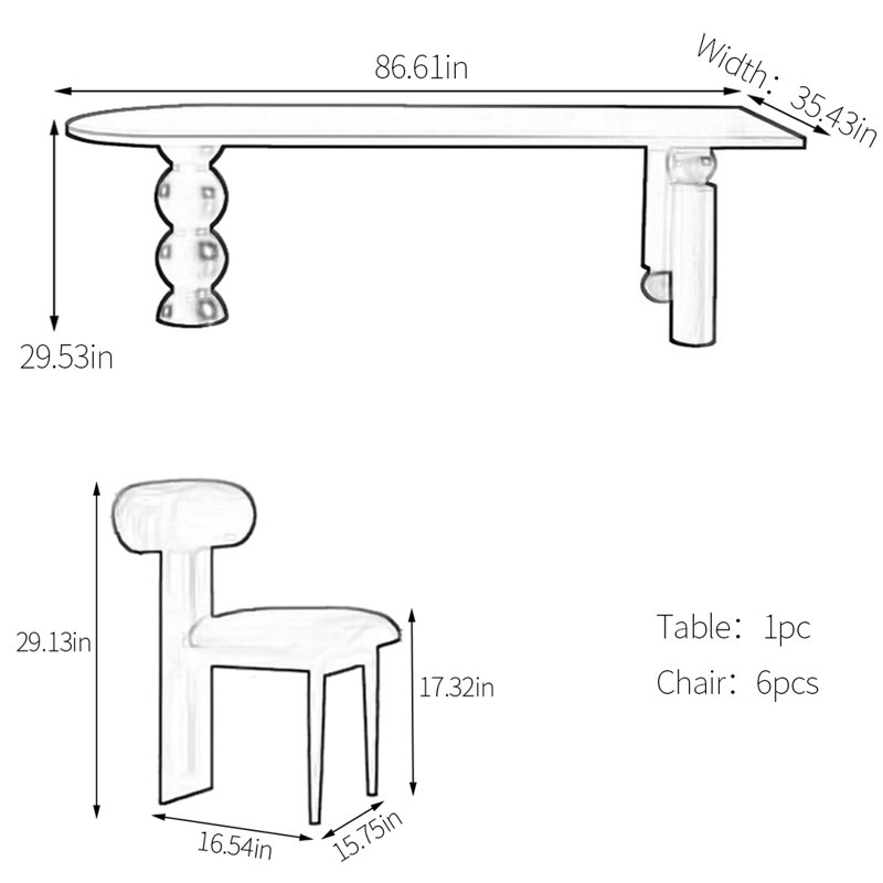 Creative solid wood ash dining table set, 29.53"H x 86.61"L x 35.43"W, 7