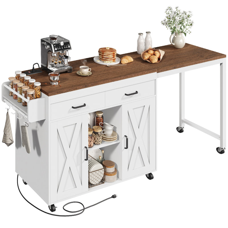 62.8"Farmhouse Kitchen Island with Extendable Dining Table and Outlets & Switch, 2 Drawers and 2 Doors Cabinet For Kitchen