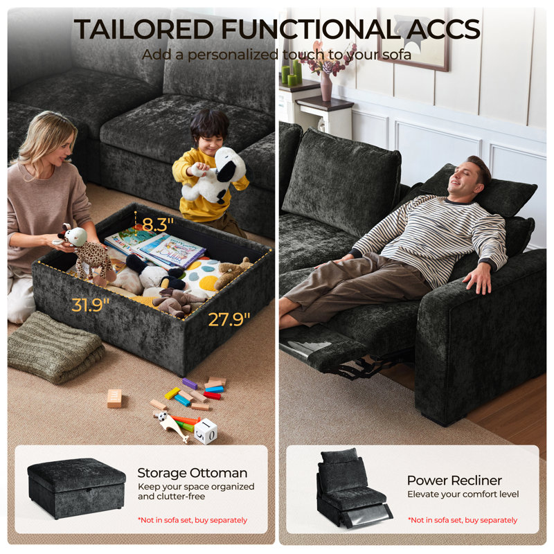 Chenille Oversized Modular Home Theater Sofa Bed Cloud Couch Sectional, Plush Sleeper Sofa With Versatile Console, Convertible Side Table Charging Storage Cup Holder