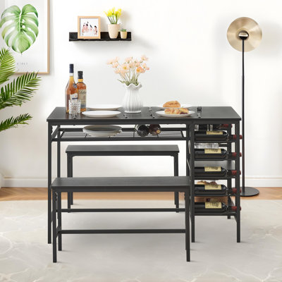 Dining Table Set For 4, Kitchen Table Set For 4 With 2 Benches, Rectangular Dining Room Table Set With Wine Rack, 3 Piece Dining Table Set For Small S by 17 Stories