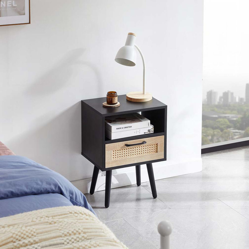 Rattan End table with drawer, Black