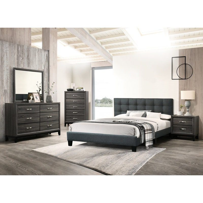 Lit de chambre à coucher avec tête de lit élégante et cadre de lit plateforme moderne, Lit double, Gris anthracite