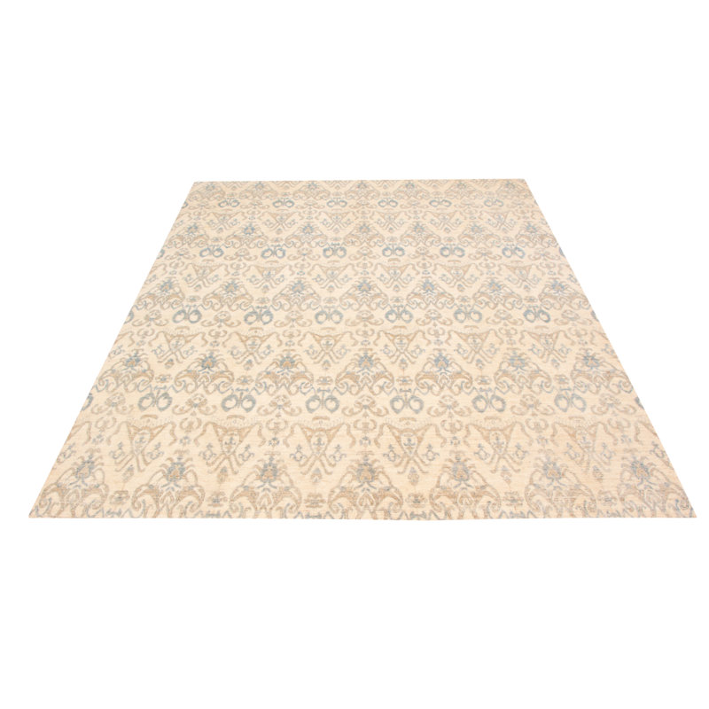 Tapis ivoire en laine noué à la main de conception unique 9 pi 2 po x 11 pi 9 po Tihiri