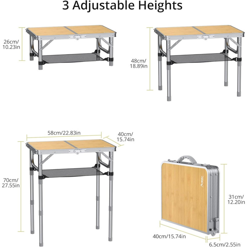 Table de camping pliable, 3 petites tables pliantes en aluminium réglables avec poignée de transport, portables, pour l'extérieur