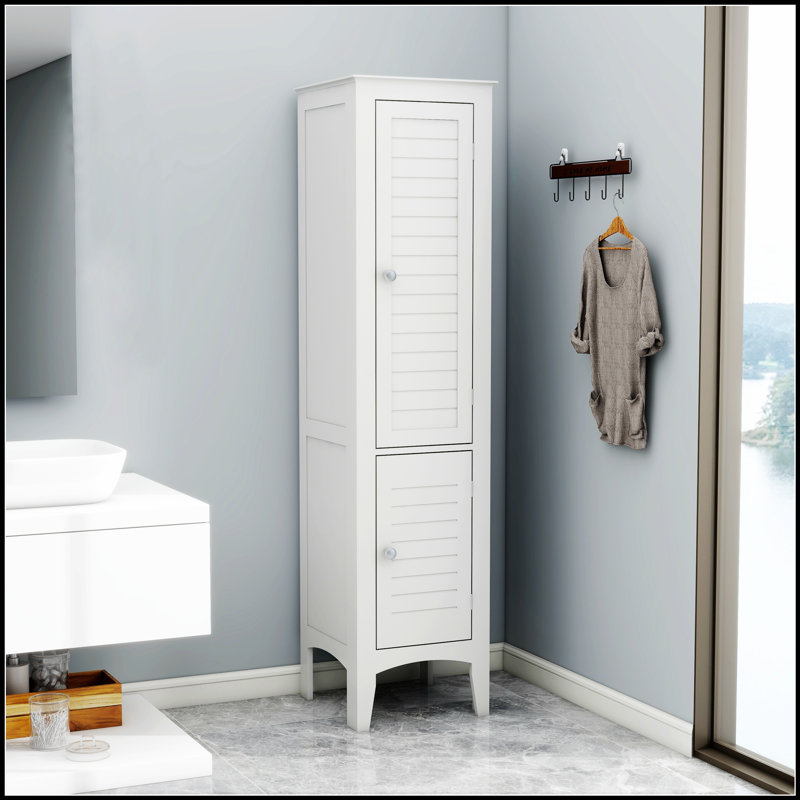 Grande armoire autoportante à tour étroite avec 2 portes à volets, parfaite pour le rangement compact et l'esthétique moderne.