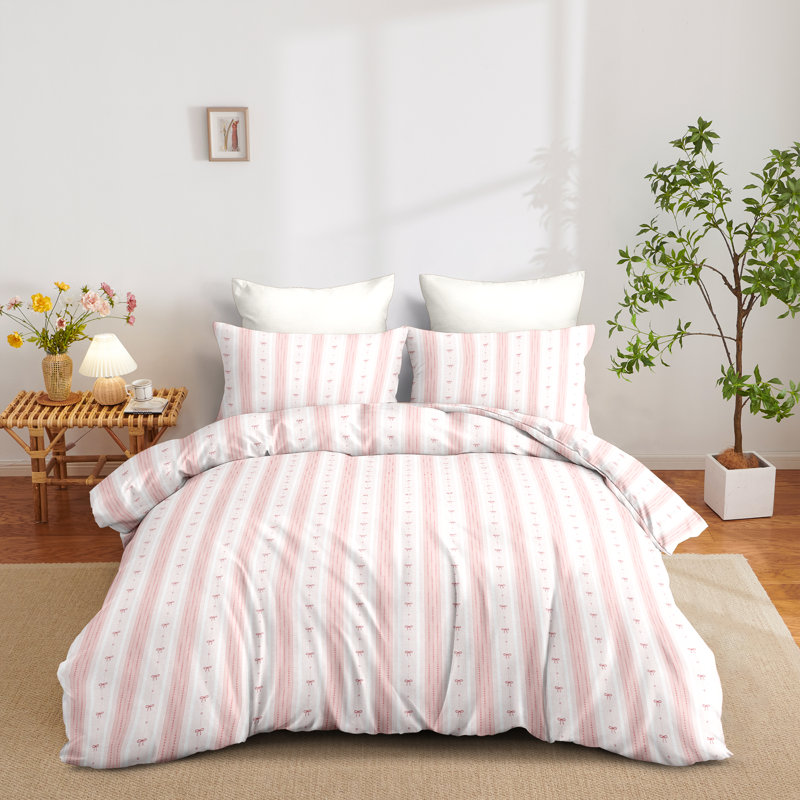 Ensemble d'édredon à motif géométrique Bowknot, Édredon simple + 1 taie d'oreiller standard, Rose