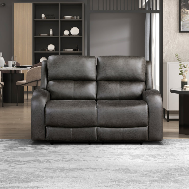 Mazzone 61.5" Transitional Polished Microfiber Double Reclining Loveseat with Dual Manual Tab Pull Motion, Gray Microfiber