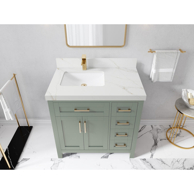 Cambridge 36 In. W X 22 In. D Left Offset Sink Bathroom Vanity In Evergreen With 2 In. Carrara Marble, Sienne Calacatta