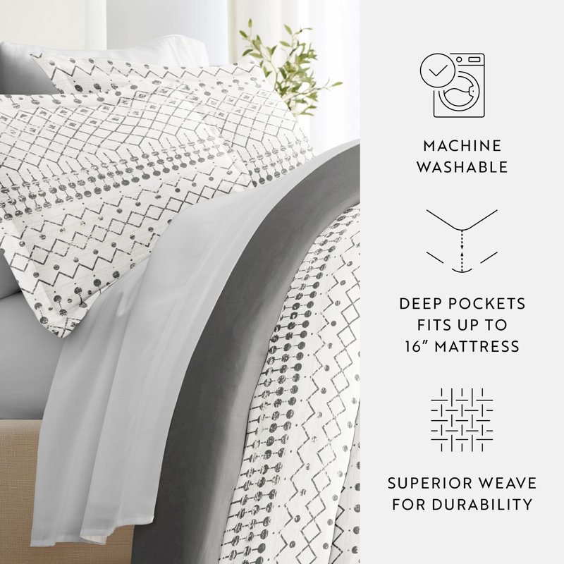 8-Piece Reversible Bedding Bundle - Patterned Duvet Cover, Comforter Insert and Solid Sheet Set, Gray Geometric