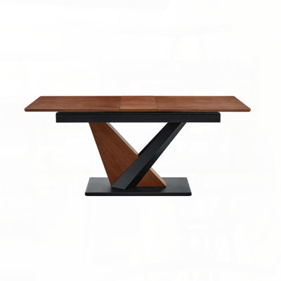 Table de salle à manger extensible avec plateau en placage de bois et pieds géométriques en croix - Noyer foncé