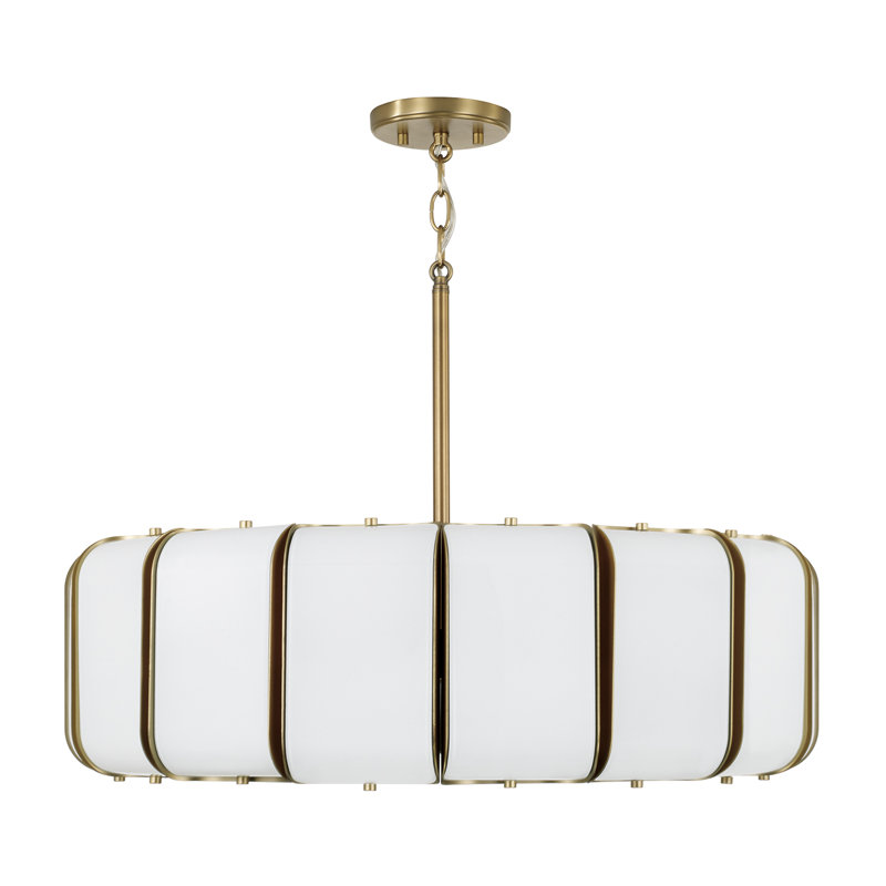 26.5" W x 8" H Integrated LED Pendant in Aged Brass with White Milk Glass Panels, 26.5"W x 8"H