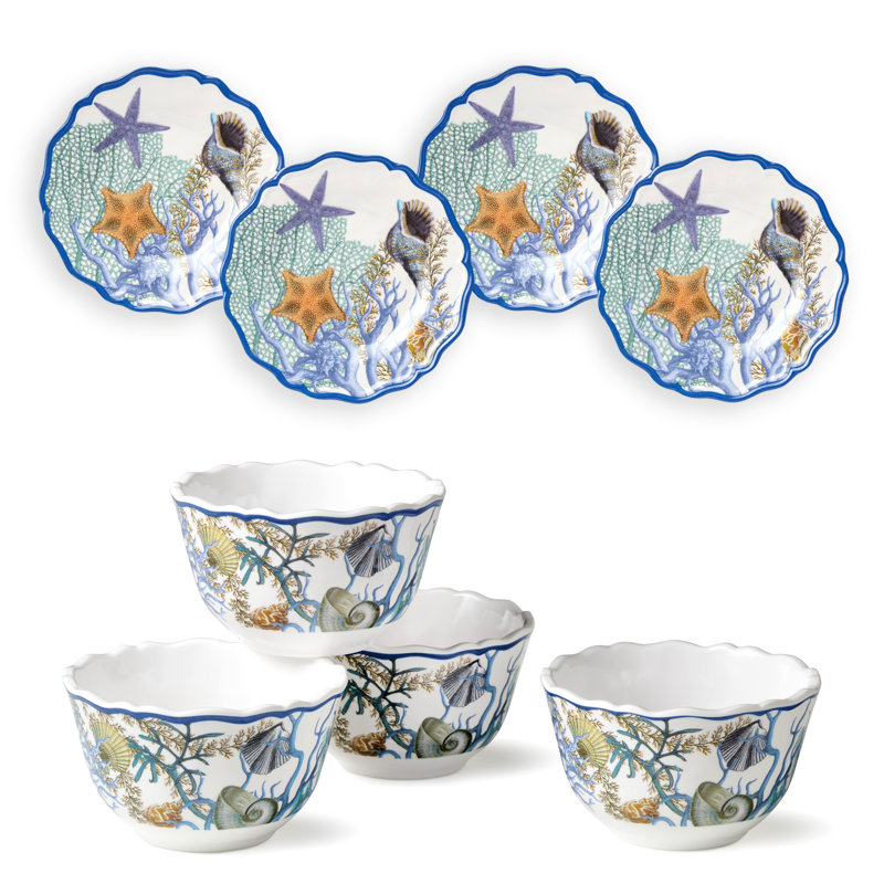 Ensemble d'assiettes et de bols à trempette côtière 8 pièces Blue Lagoon