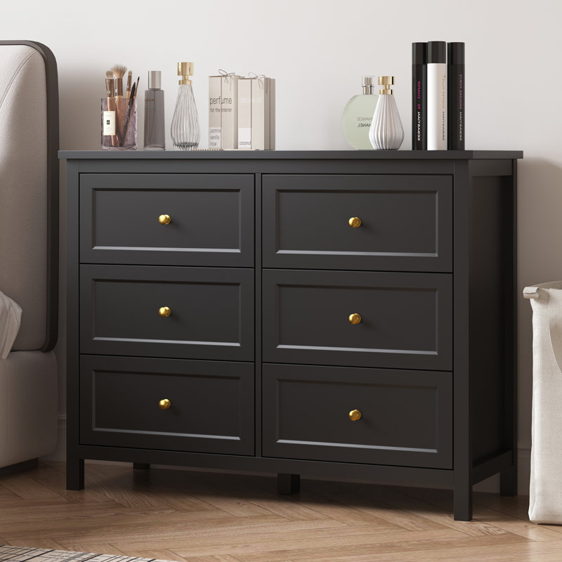 Commode 6 tiroirs pour chambre à coucher, grande commode de 41 po de large avec poignées dorées, commode de rangement moderne pour placard et salon, blanc