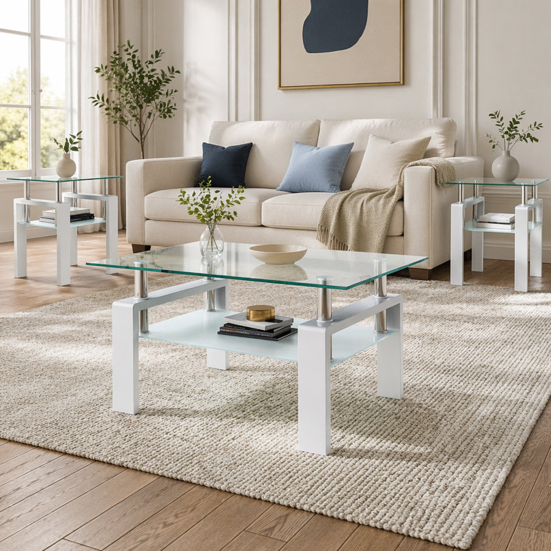 3-Piece Coffee Table,Square Glass Tea Table, Transparent/White