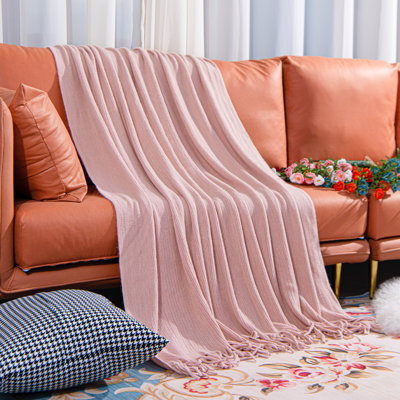 Acrylic Knitted Throw Blanket, Lightweight and Soft with Tassels, Striped - NTBAY