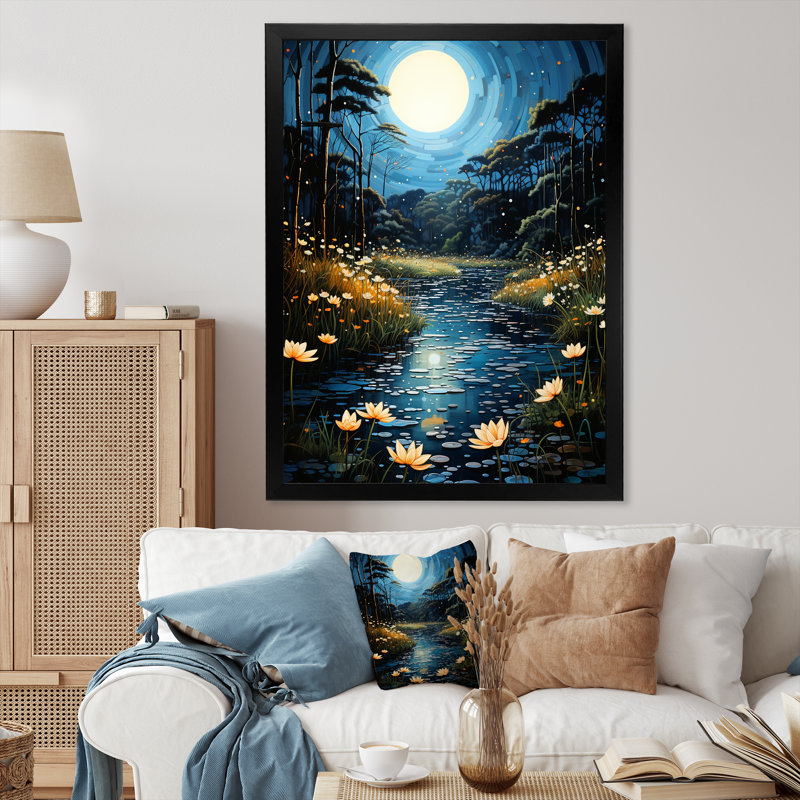 «Balok Blue Green Pointillism River At Night VI», reproduction sur toile, H 20 po x l 12 po x P 1 po, Cadre photo noir