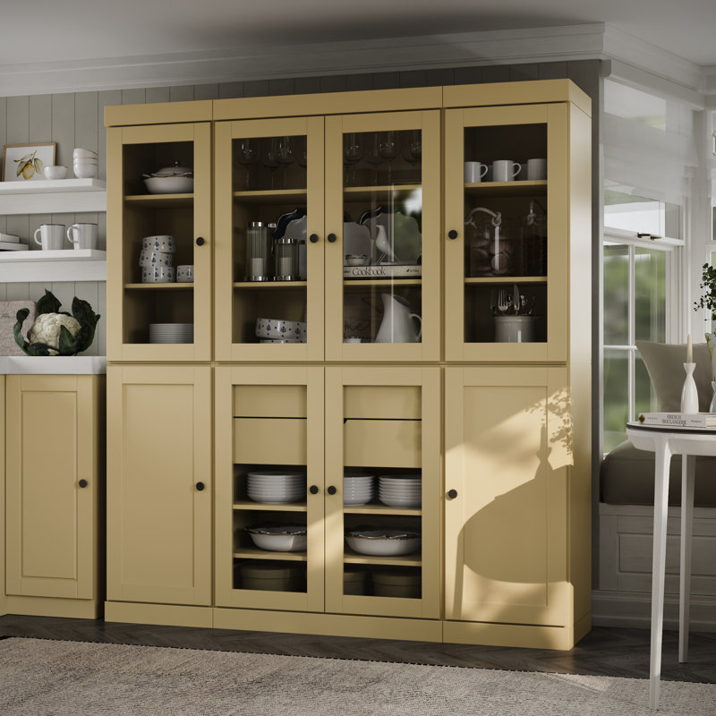 Vaisselier 100% bois massif 65 po avec verre transparent, portes Shaker, 2 tiroirs et tablettes réglables, Jaune