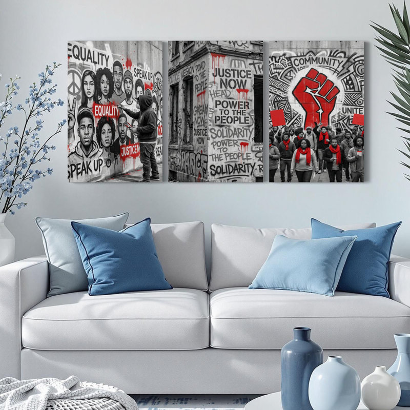 Ensemble de 3 tableaux muraux en toile tendue « Égalité, Justice, Exprimez-vous » (Graffiti Street Art), H 36 po x l 72 po