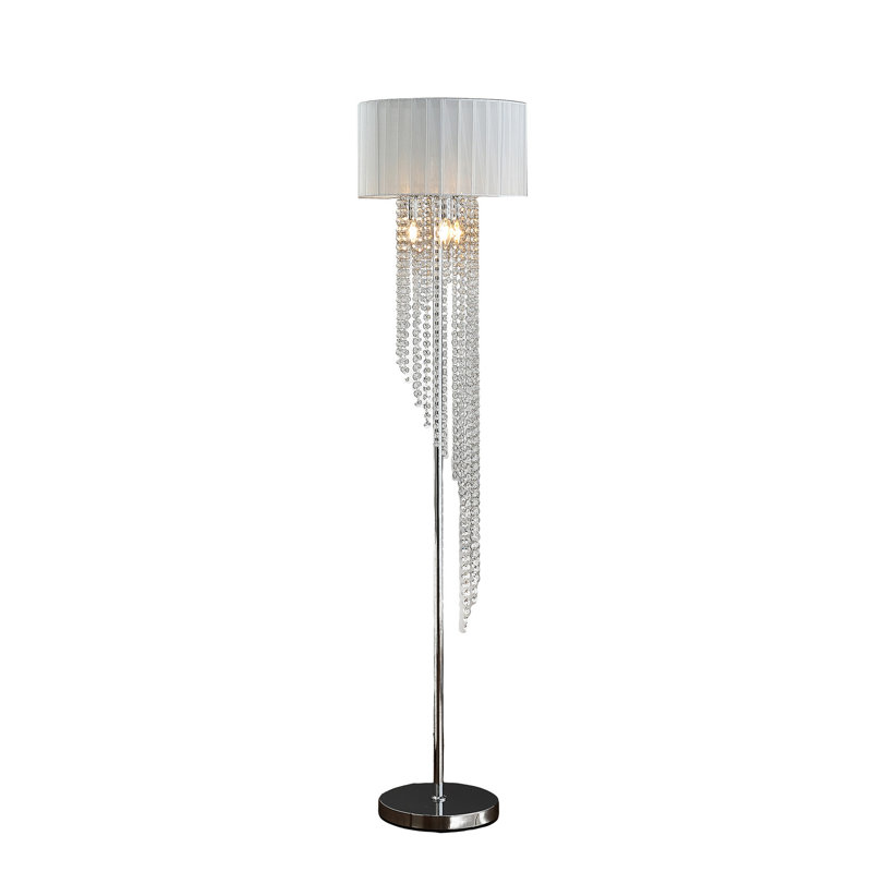 Lampe sur pied Mero, chaînes de pluie en cristal suspendues, abat-jour blanc, 66 po, blanc