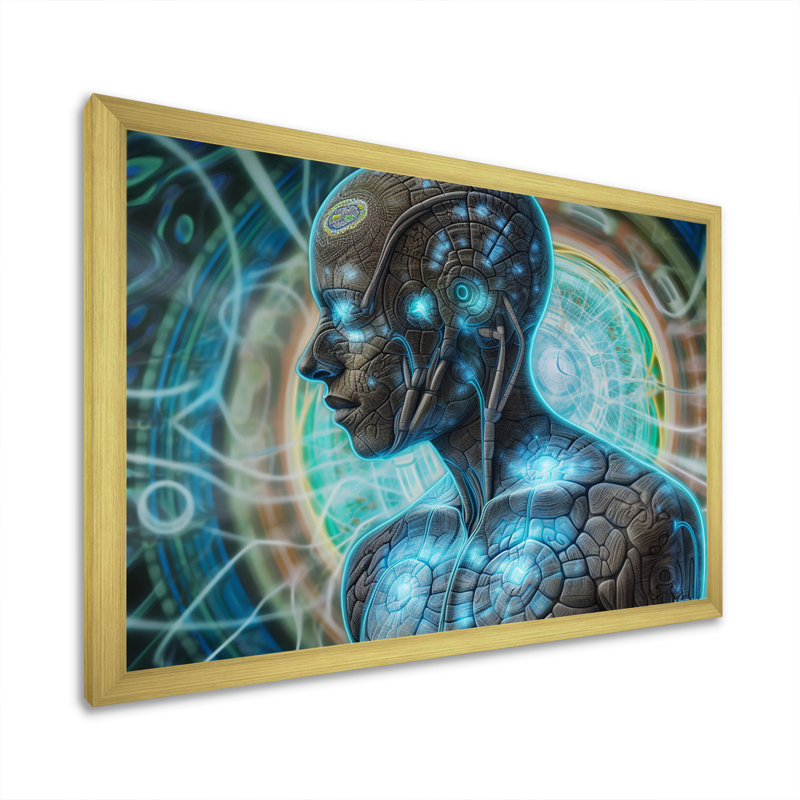 "Futur télépathie turquoise Cybog", reproduction sur toile, Cadre doré simple, H 24 po x l 32 po x P 1 po