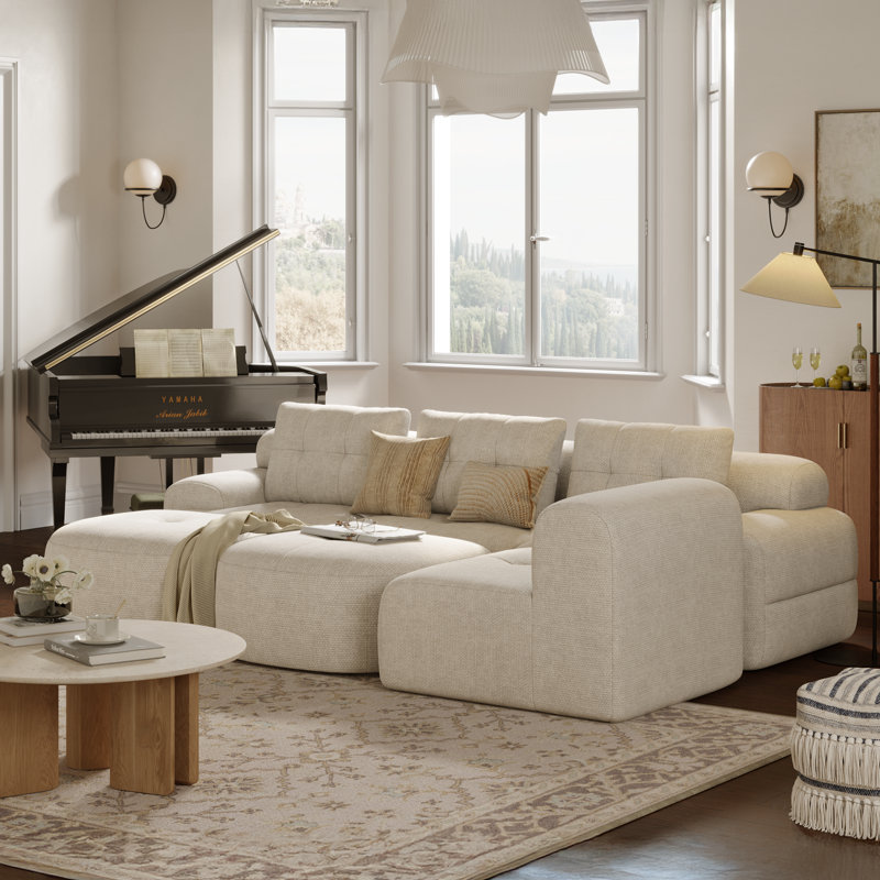 Oversized 145'' Modular Sectional Sofa with Chaise, Full Foam Structure for Comfort, Woven Texture Upholstery, Modern Living Room Couch, Compression Packaging Design, Beige