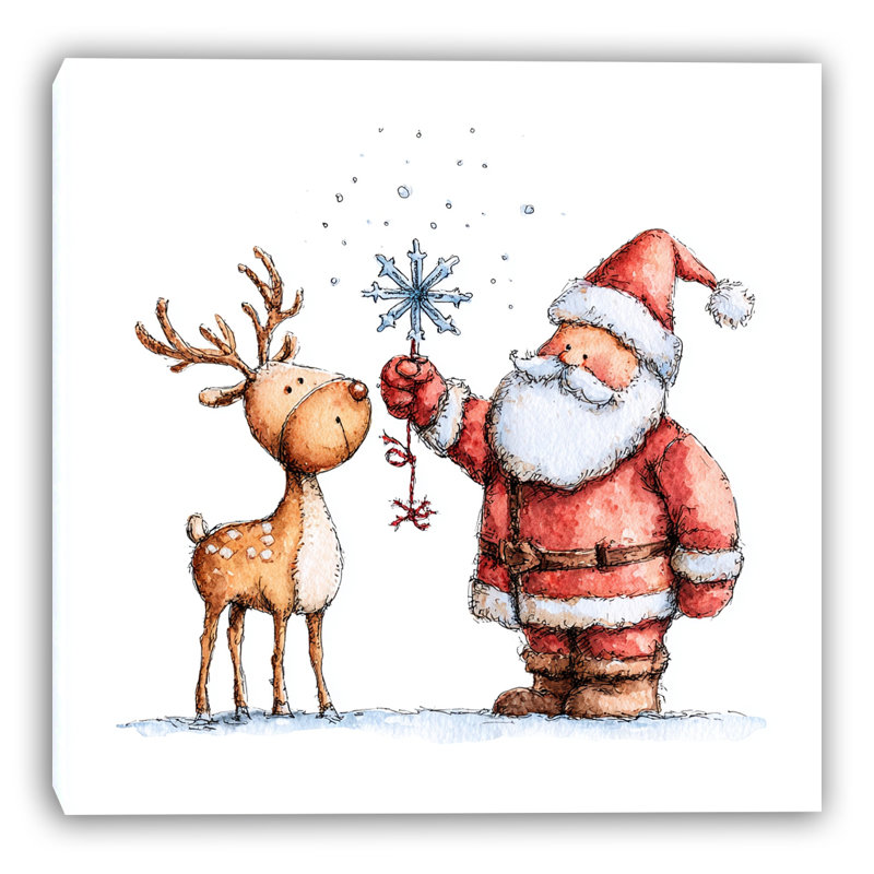 Père Noël et toile de rennes avec boule de neige, H 40 po x l 40 po