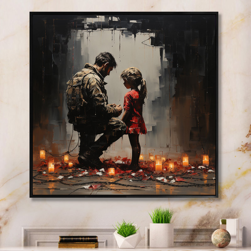 Reproduction d'art sur toile, "Père et fille", Cadre flottant noir, H 16 po x l 16 po x P 1 po