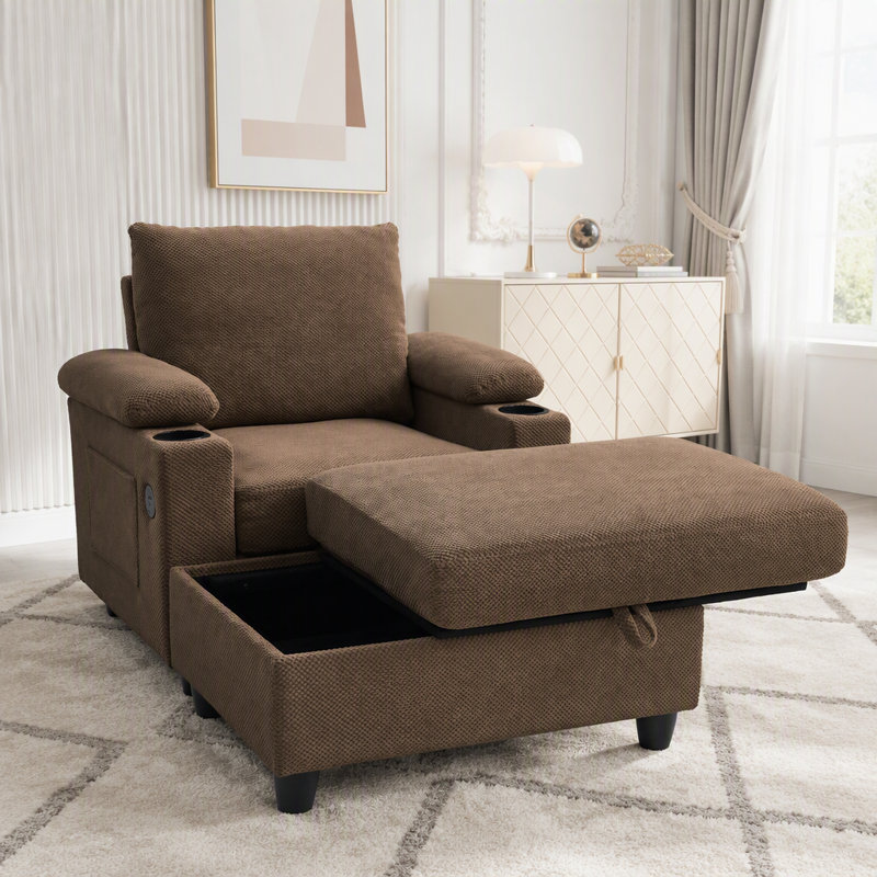 Fauteuil convertible avec repose-pieds, dossier inclinable, porte-gobelets et charge USB, Tissu café