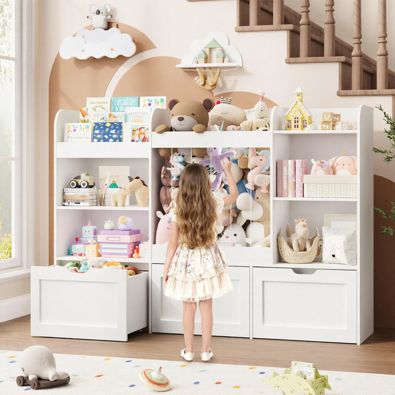  41.3''H Toys Storage Organizer with Kids Bookcases, Stuffed Animal Storage, 3 Movable Drawers, 4 Cube Storage Cabinet and 3-tier Bookshelf for Playrooms, Bedroom, White