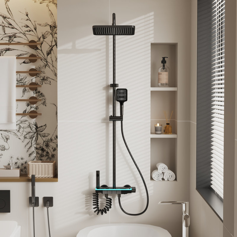 Gunmetal Gray Shower System With 11'' X 7.1'' Rain Shower Head, Handheld Shower, Spray Gun, Fahrenheit Digital Display & LED Light