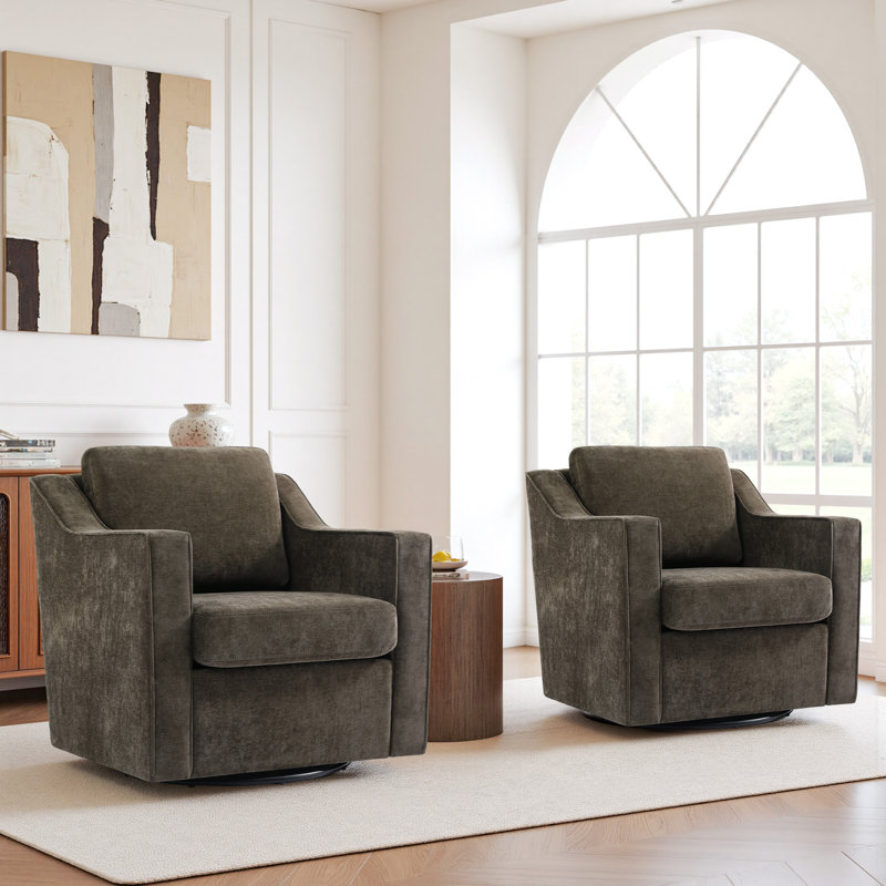 Bronnen Big And Wide Upholstered Cushion Swivel Armchair with Removable Back and Seat Cushion, Light Coffee Chenille