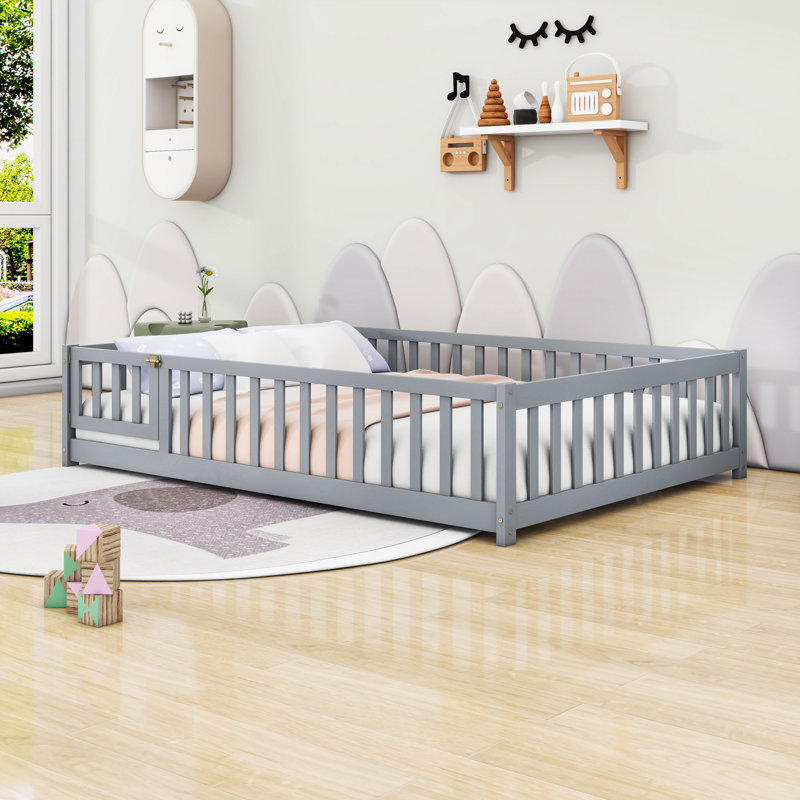 Wood Low Platform Bed With Fence Door And Guardrails, Gray, Full