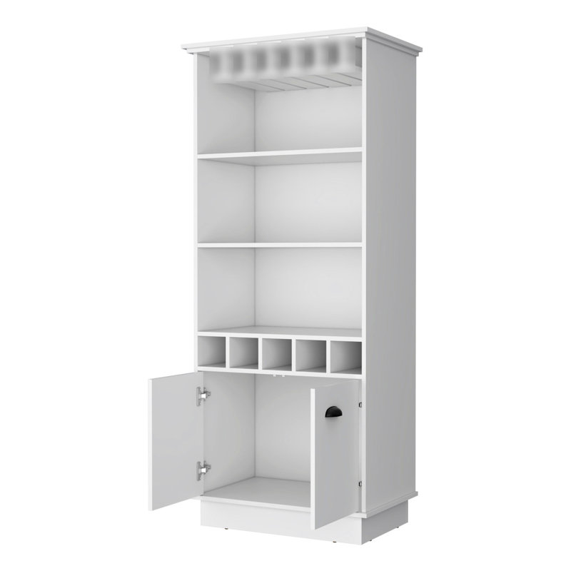 White Bar Cabinet With Efficient Bottle Arrangement - 3 Shelves, 5 , Glassware Holder Stylish Rack For Home Entertaining Structure