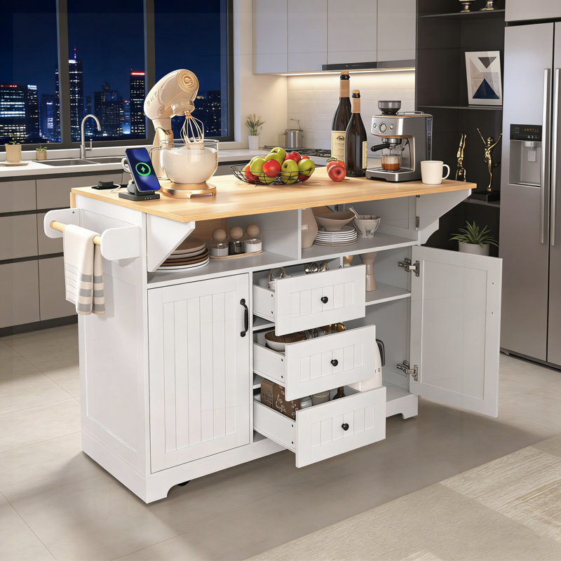 55.7'' Multifunctional Kitchen Island with Dual Drop Leaf, Power Outlet, and Ample Storage for Dining, Cooking, or Work