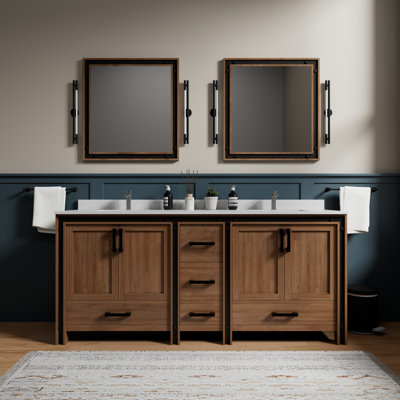 Meuble-lavabo double rustique de 81 po L, 21,61 po, comptoir en quartz blanc, robinet, 30 miroirs, finition égratignure pour la salle de bain, largeur, profondeur,