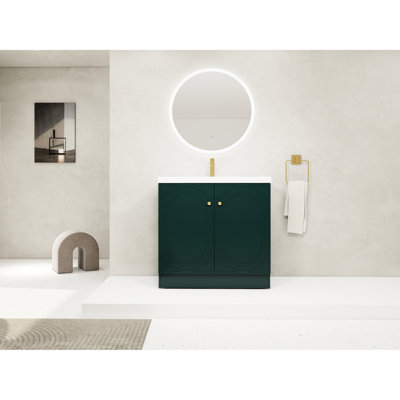 Armoire de salle de bain autoportante 24 po avec lavabo en résine blanche, portes à fermeture en douceur et poignées en métal - Lavabo d'étagère contemporaine