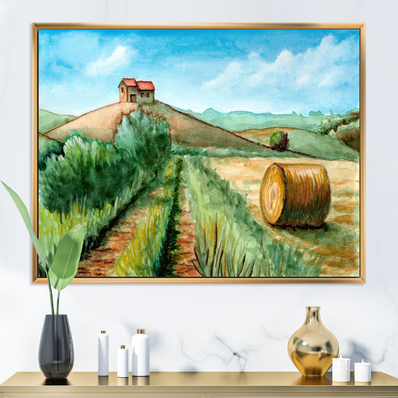 Paysage de récolte champêtre - Peinture sur toile, H 30 po x l 40 po, Cadre flottant doré
