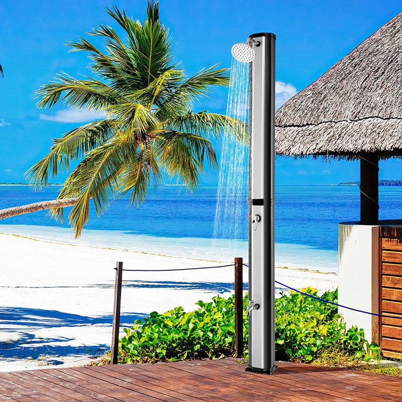 Alexnader Solar Powered Temperature Controlled Vinyl Free -standing Outdoor Shower and Footwash Spout, Silver/Black