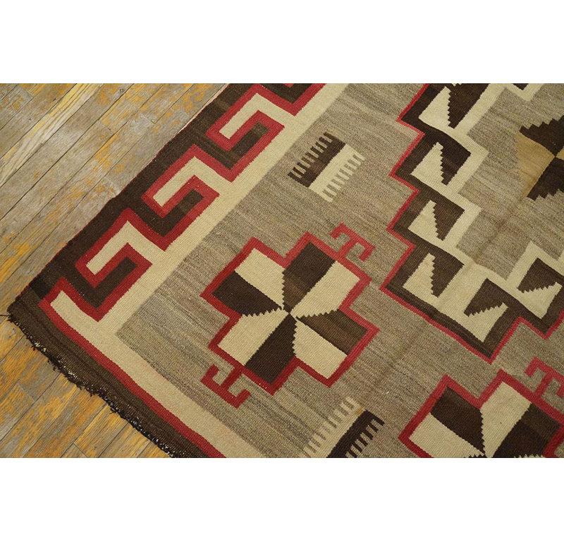 1920s Gray Medallion Antique American Navajo Rug 4'6"x6'6" Flatweave Wool Carpet
