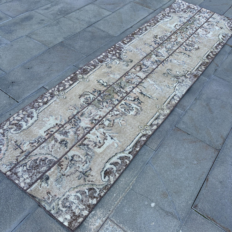 Vintage Turkish Patchwork Runner Rug with Floral Pattern in Soft Beige for Hallways