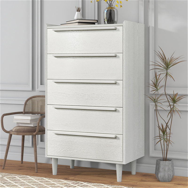 Armoire en bois 40,2 po Shiffer, commode décorative avec 5 tiroirs et pieds en bois massif, Blanc