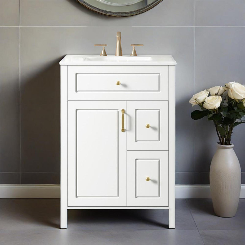 Meuble-lavabo 24 po avec lavabo en céramique, 1 porte à fermeture en douceur, 2 tiroirs à fermeture en douceur et 2 supports de rangement sur la porte