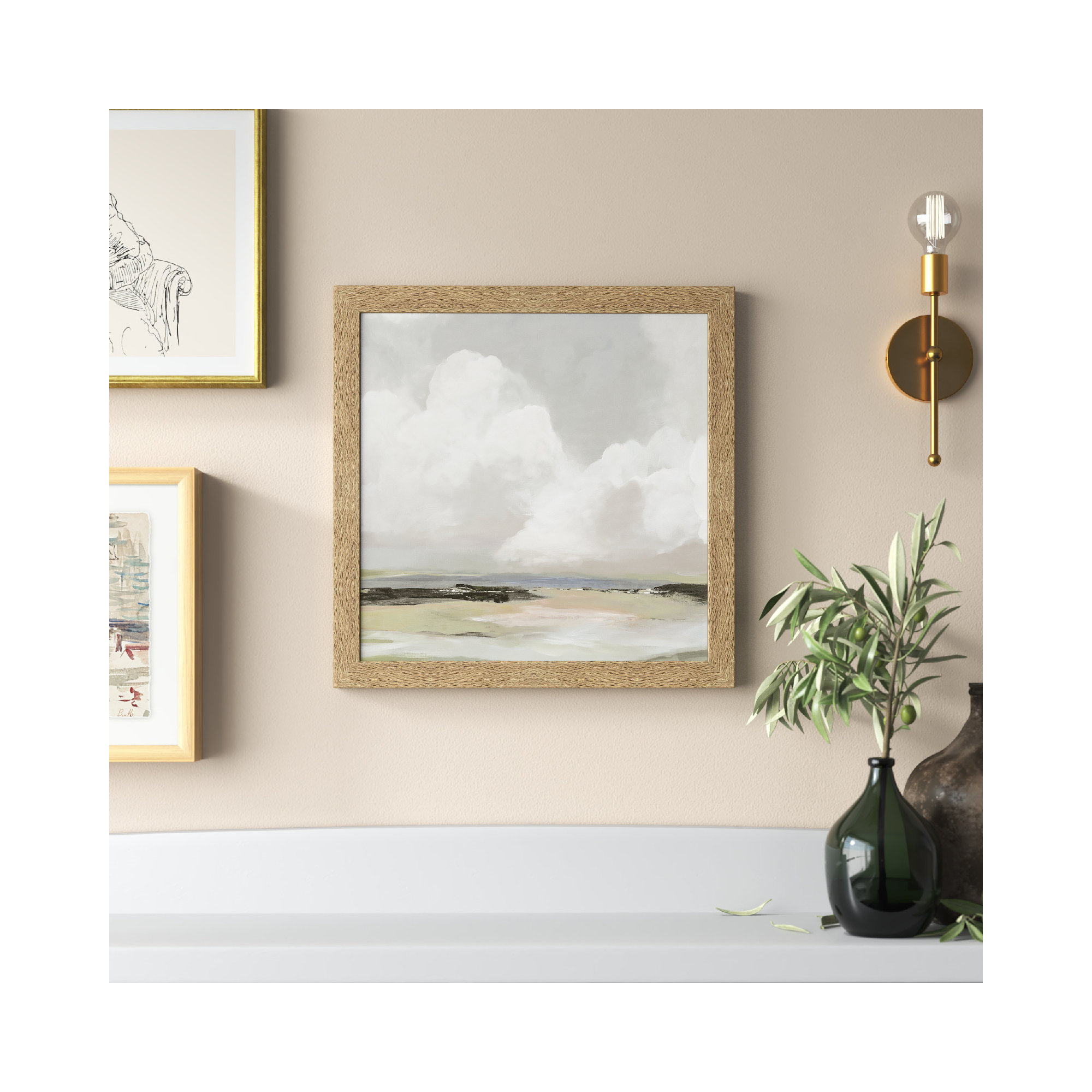 Soft Clouds - Picture Frame Painting Print, 18" H x 18" W x 1.12" D, Natural Framed