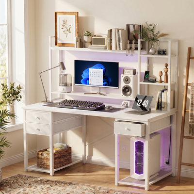 47"-59" Computer Desk with LED Lights & Outlet & Hutch