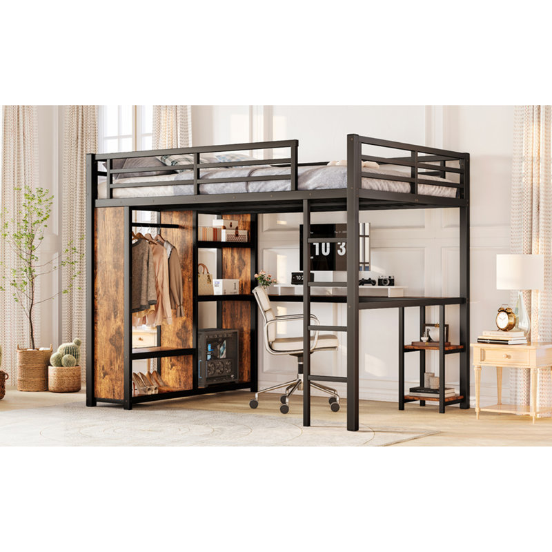 Queen Size Loft Bed Frame With Built-In Wardrobe, Metal Loft Bed With Desk And Storage Shelves, Wood