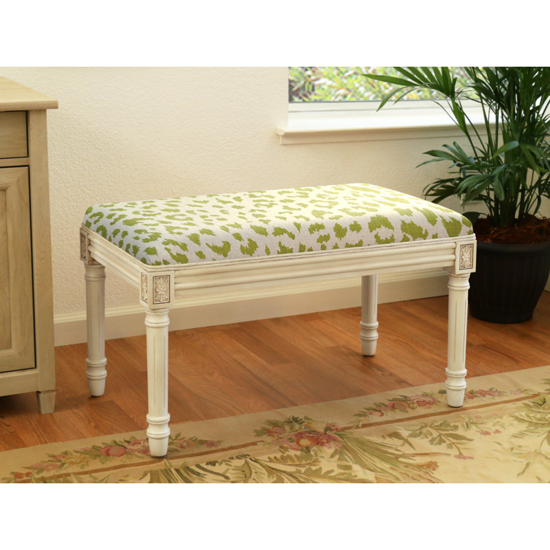 Banc en bois massif Cambel, Motif de guépard blanc antique / vert chartreuse