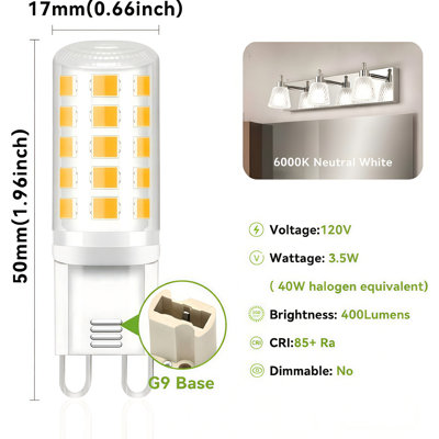 3.5W G9 LED Corn Light Bulbs 6 Pack, 6000K Daylight White, 400LM, Plastic Ceramic Shell, Equivalent 40W T4 G9 Halogen Bulb, 120V G9 Bi-pin Base Chandelier Light, 360° Beam Angle, Non-Dimmable