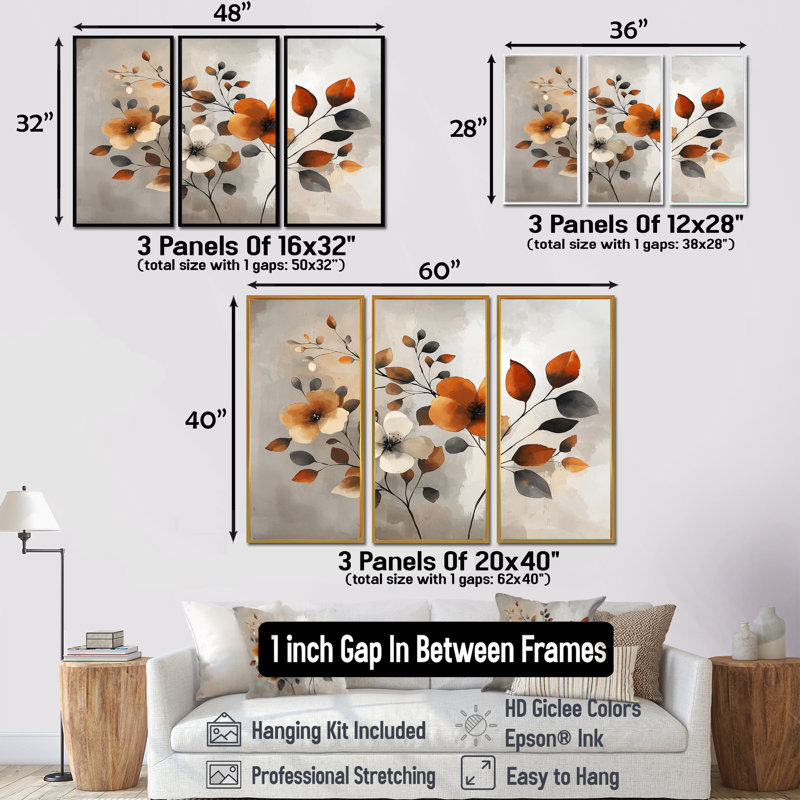 Fleurs de cerisier orange gris botanique VI - ensemble de reproductions d'art mural cerisier en fleurs