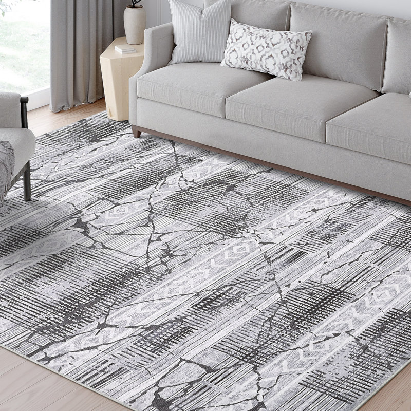  Washable Area Rug 9 x 12 Geometric Living Room Rug Non-Slip Backing Modern Marble Accent Carpet Gray, Gray